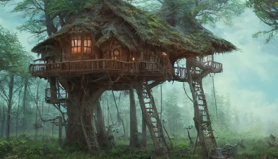 Prompt: detailed environmental cottagecore concept art illustration pastel painting of a treehouse, ultra detailed, digital art, octane render, dystopian, micro detail 4k