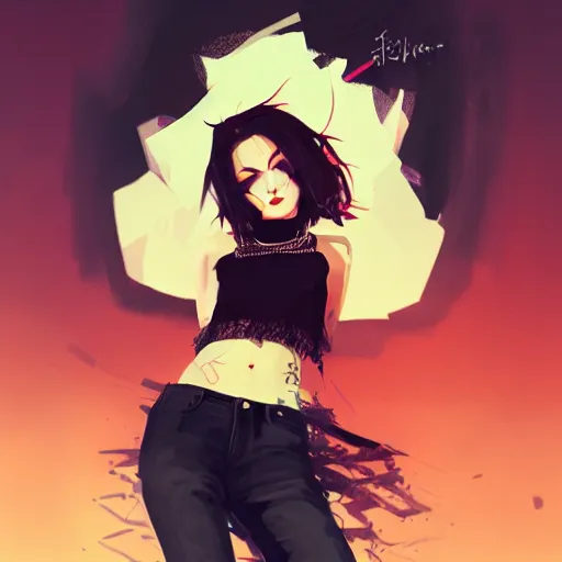 Image similar to portrait of a beautiful punkrock woman in crop top, by guweiz