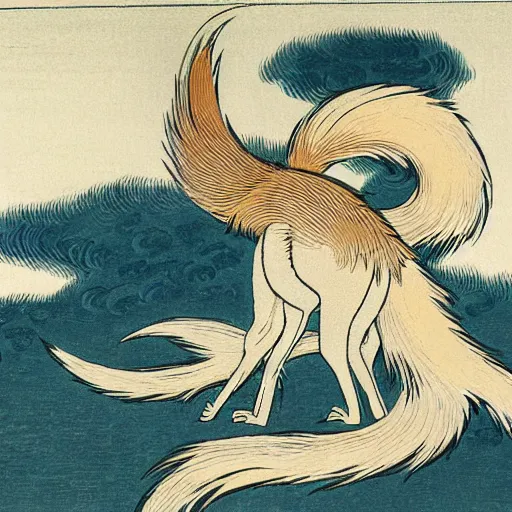 Prompt: white nine tailed fox, near a lake, hokusai style