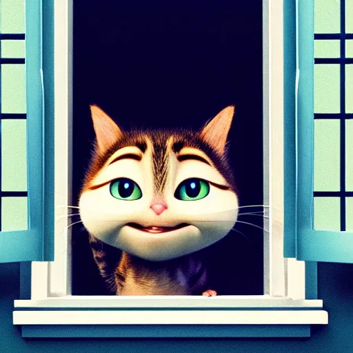 Image similar to a cute cat with big eyes looking at a cup of coffee in beautiful morning at a house window. Pixar Disney 4K 3d render funny animation movie Oscar winning trending on ArtStation and Behance. Ratatouille style.