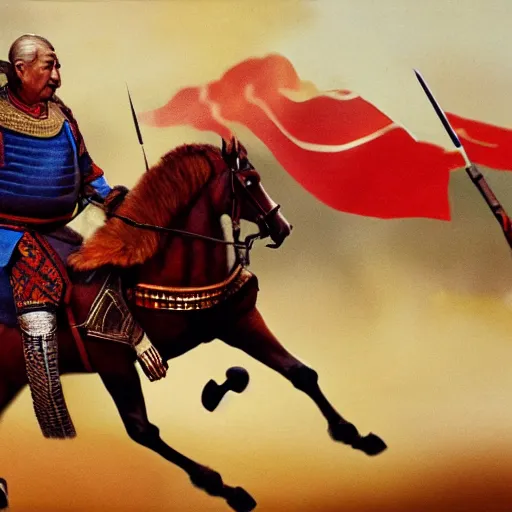 Image similar to genghis khan chasing obama, 4 k, photograph, realistic, detailed