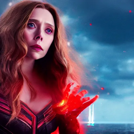 Image similar to movie still of elizabeth olsen as the scarlet witch afloat!!!!! in the air with red glowing eyes, emanating red magic!!!!! from her palms, full - body portrait, trending on artstation, 8 k quality, cgsociety contest winner, artstation hd, artstation hq, luminous lighting, beautiful cloudy atmosphere