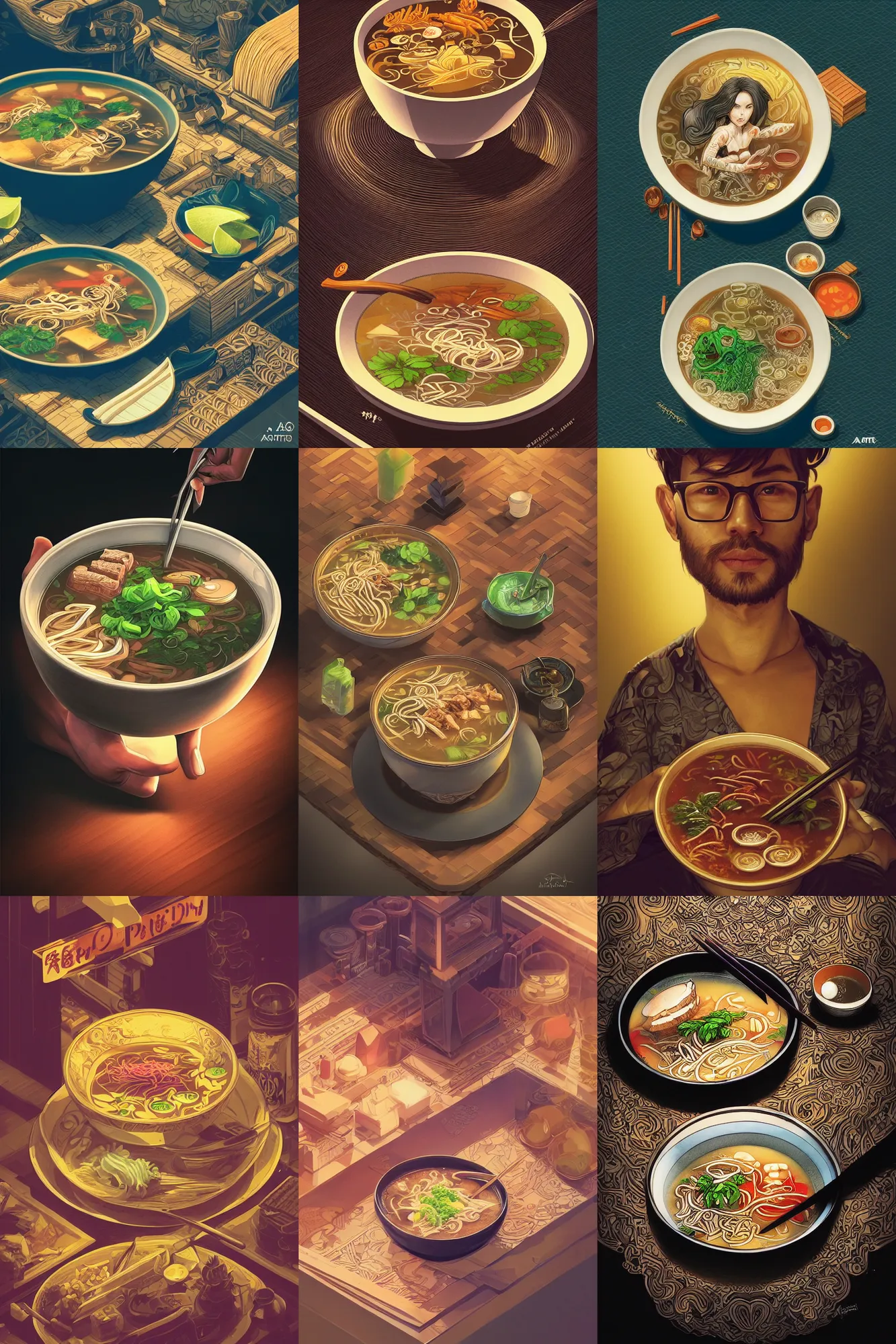 Prompt: portrait isometric drawing, printerest, bowl of pho soup, intricate, epic lighting, cinematic composition, hyper realistic, 8k resolution, unreal engine 5, by Artgerm, tooth wu, dan mumford, beeple, wlop, rossdraws, James Jean, Andrei Riabovitchev, Marc Simonetti, yoshitaka Amano, Artstation