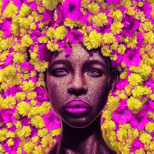 Image similar to the portrait of an absurdly beautiful, graceful, elegant young black woman made of bananas and petals looking up, an ultrafine detailed illustration by kim jung gi, irakli nadar, intricate linework, bright colors, octopath traveler, final fantasy, angular, unreal engine 5 highly rendered, global illumination, radiant light, detailed and intricate environment