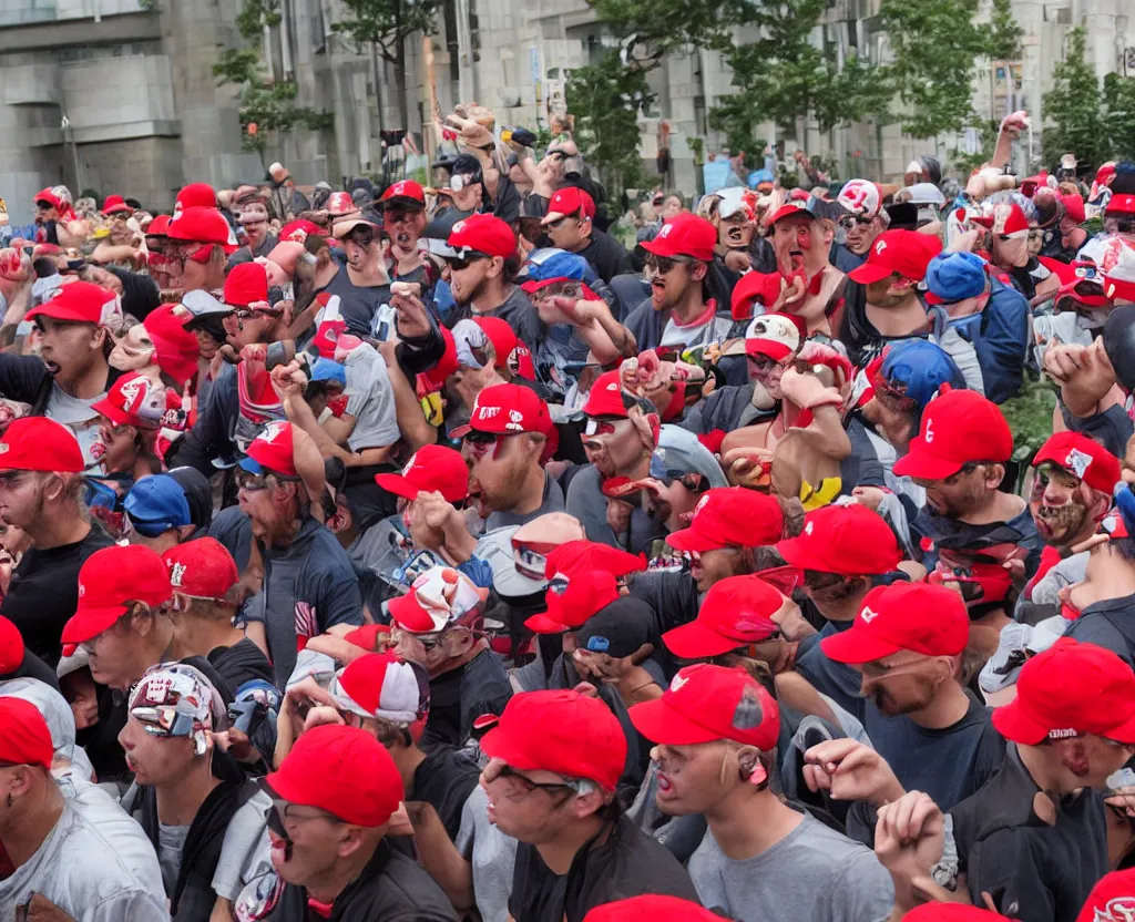 Prompt: a group of angry clowns wearing red trucker hats with logos attacking a government building