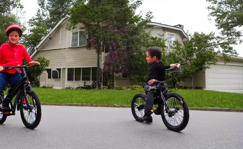 Prompt: Darth riding his child sized bike in front of his home, 8k