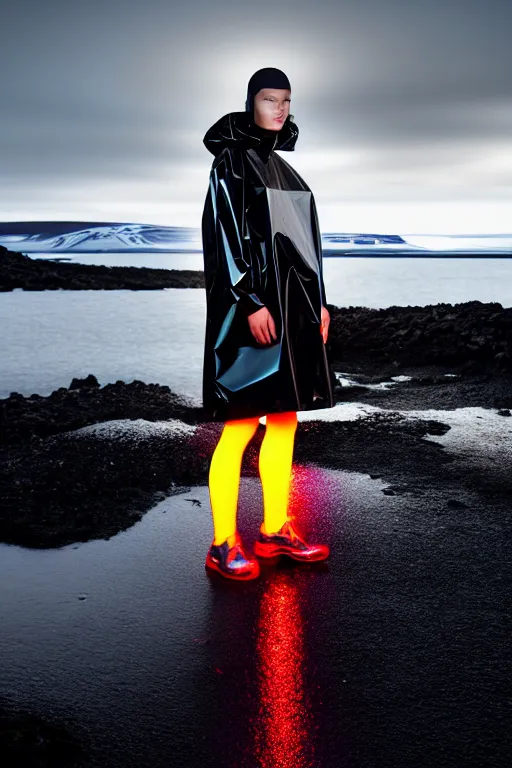 Image similar to an ultra high definition professional high fashion portrait studio full length photograph of a model wearing a transparent pearlescent raincoat and neon visor in an icelandic black rock environment at dawn. no artefacts. extremely detailed. stark. refraction. shallow depth of field. volumetric light and shadow. ray tracing. light rays.