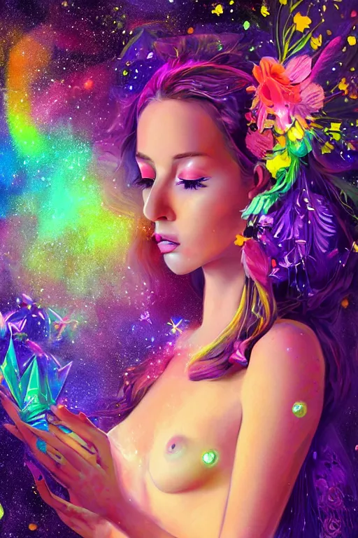 Image similar to psychedelic, digital painting, 4k, illustration, beautiful seductive woman with fox ears smoking weed, with professional makeup, long trippy hair, a crystal and flower dress, sitting on bed of crystals, surrounded by gems, underneath the stars, rainbow fireflies, trending on patreon, deviantart, twitter, artstation, volumetric lighting, heavy contrast, art style of Greg Rutkowski and artgerm and alphonse mucha