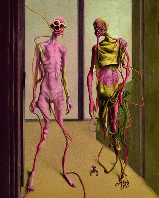 Prompt: Two skinny doctors wearing gas masks, draped in silky gold, green and pink, inside a decayed hospital room, a large window shows a world on fire, loss and despair, in the style of Francis Bacon, Esao Andrews, Zdzisław Beksiński, Edward Hopper, surrealism, art by Takato Yamamoto and James Jean