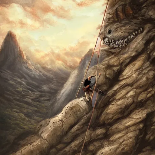 Image similar to rock climber climbing a giant ancient dragons skull, very detailed, fantasy art, dungeons and dragons, belaying, ropes, landscape, cover of national geographic