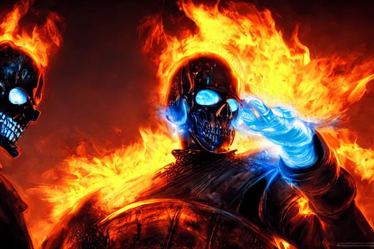 Prompt: Ghost Rider, blue flames, headshot photo, dark souls concept art, dramatic lighting, highly stylized, high-quality wallpaper, desktopography