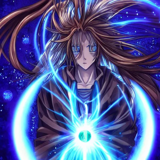 Prompt: a beautiful manga character wizard with free flowing hair holding a staff that has a glowing blue orb at the head of it emanating brilliant blue light, high detail, high resolution