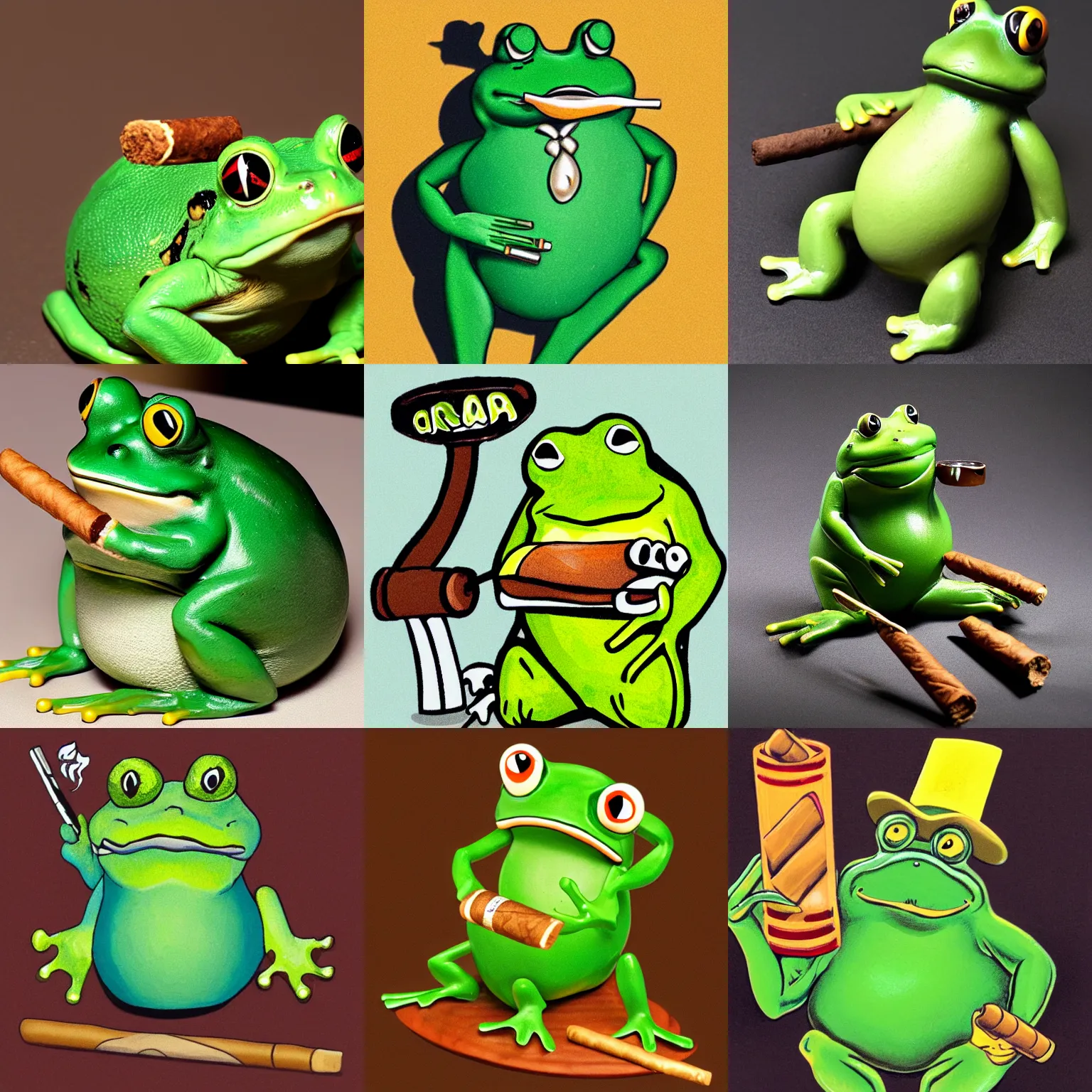 Prompt: fat frog with a cigar in the mouth