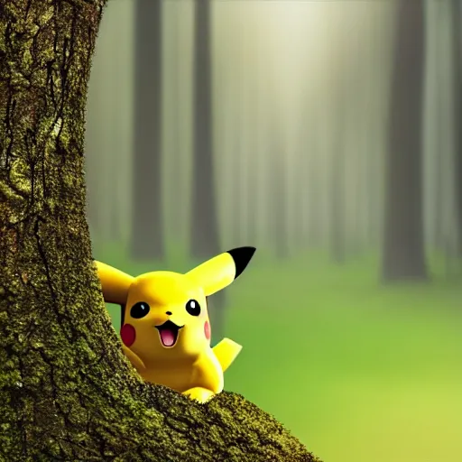 Prompt: very very intricate photorealistic photo of pikachu peeking through a tree in a forest, photo is in focus with detailed atmospheric lighting, award - winning details