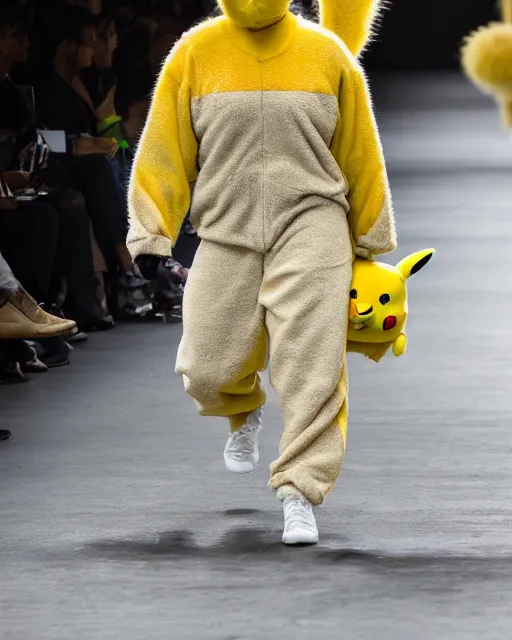 Image similar to hyperrealistic and heavy detailed 2321s Yeezy runway show of Pikachu , Leica SL2 50mm, vivid color, high quality, high textured