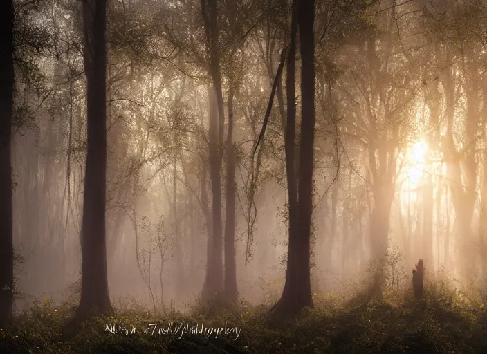 Image similar to misty swamp in early morning, hazy fog, sundown golden hour, firefly wisps, sun rays through trees, Lilia Alvarado, Sophie Anderson, Mark Arian, Bob Byerley, Charlie Bowater, Mark Brooks, Steve Henderson, Justin Gerard, Arthur Hughes, Edward Robert Hughes, Mark Keathley, Victor Nizovtsev, Carlos Shwabe, Ross Tran, WLOP