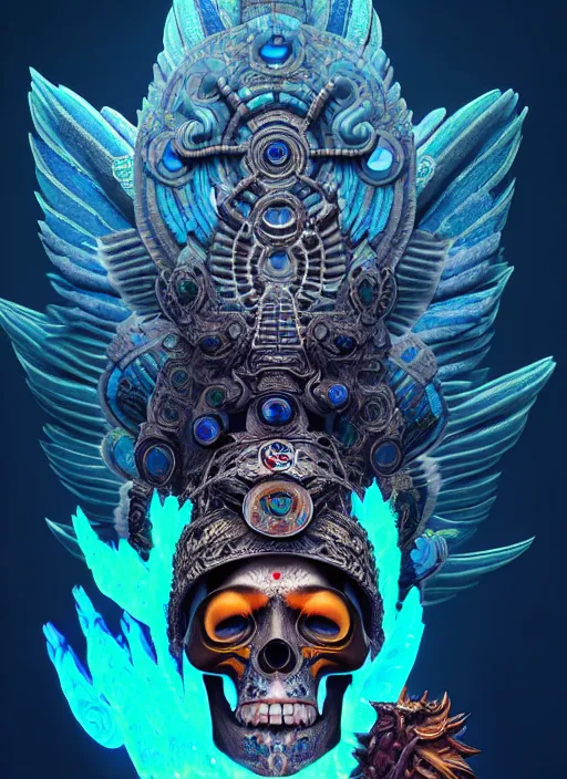 Image similar to 3 d shaman with tattoos profile portrait, sigma 5 0 0 mm f / 5. beautiful intricate highly detailed quetzalcoatl skull and feathers. bioluminescent, plasma, lava, ice, water, wind, creature, thunderstorm! artwork by tooth wu and wlop and beeple and greg rutkowski, 8 k trending on artstation,