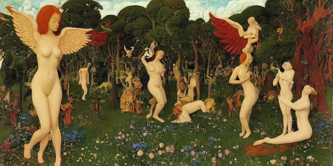 Prompt: garden of angels, mysterious, surreal, epic, lush, by hugo simberg, by jan van eyck, by frank frazetta