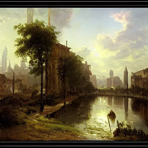 Image similar to post apocalyptic frankfurt city streets, overgrown, landscape, romanticism by andreas achenbach