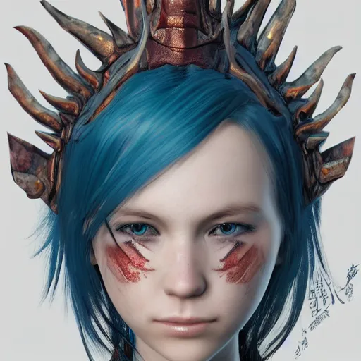 Image similar to portrait of young girl half dragon, dragon skin, dragon ears, blue hair, long hair, highly detailed 3D render, 8k, rpg concept art character, jrpg character, manga, anime, video game character, concept art, by Yoshitaka Amano