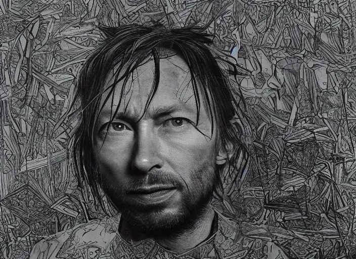 Image similar to photograph of print of thom yorke picture on a table, hyper realistic, variations of thom yorke, forest, high quality photograph, mixed styles, intricate details, diverse colors, deep emotional impact, photograph of print