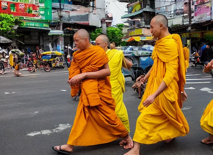 Image similar to In a future Bangkok, yellow-robed monks and elephants walk the streets of a bustling city under the hot sun ,by jamie jones