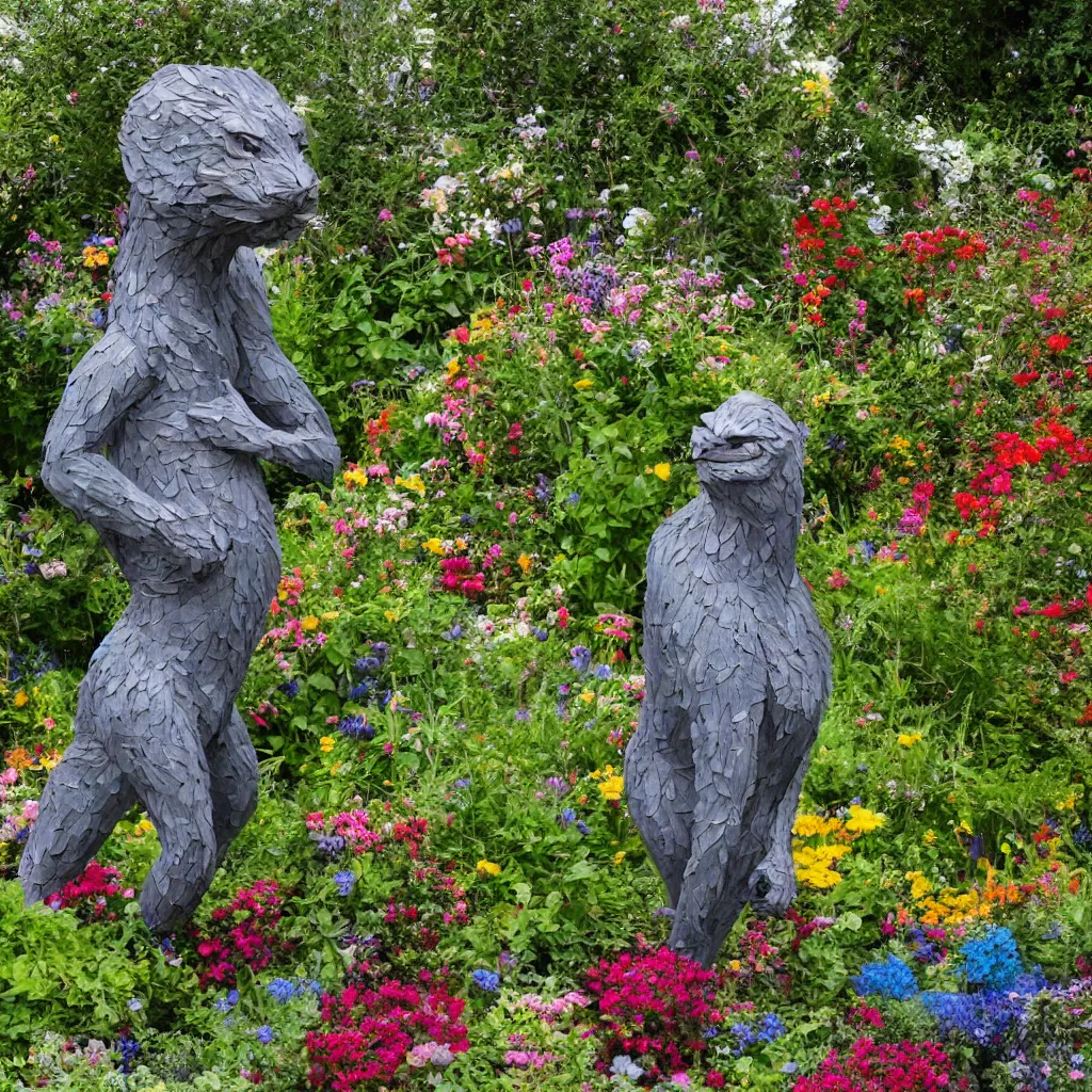 Prompt: folk art garden sculptures in an english cottage garden, cottagecore flower garden, concrete sculpture of a manticore, colorful mosaic, color blocking, sculpture by wouterina de raad!!!, art by james tellen, highly detailed, realistic anatomical proportions, textured hand built concrete sculpture, amazing concrete sculpture, 4 k