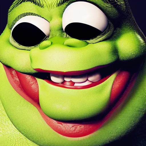 Prompt: a close up portrait from an awkward fisheye angle of shrek with large bloodshot eyes bulging out of their sockets as shrek's mouth is agape from coughing profusely