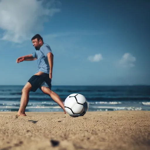 Image similar to a man kicking a ball at the beach