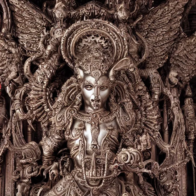 Image similar to blood temple, hindu ornaments, baphomet statue at the center surrounded by angel statues, film still, 4 k, symmetry, award - winning photography, 1 2 0 mm