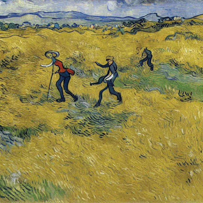 Image similar to adult man and woman playing on the open moorland, painting by van gogh