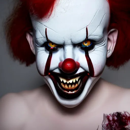 Prompt: woman with crazed, bloodshot eyes and a creepy pennywise-esque smile, photorealistic photography, 8k quality, 8k, close-up imagery, macro photography, close-up imagery, macro photography