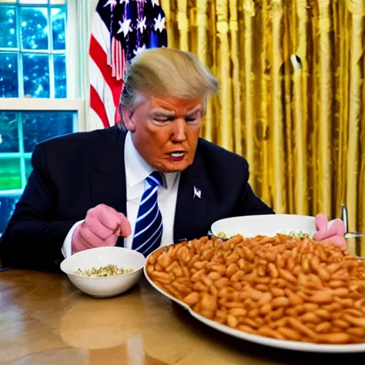 Image similar to donald trump eating baked beans in the white house