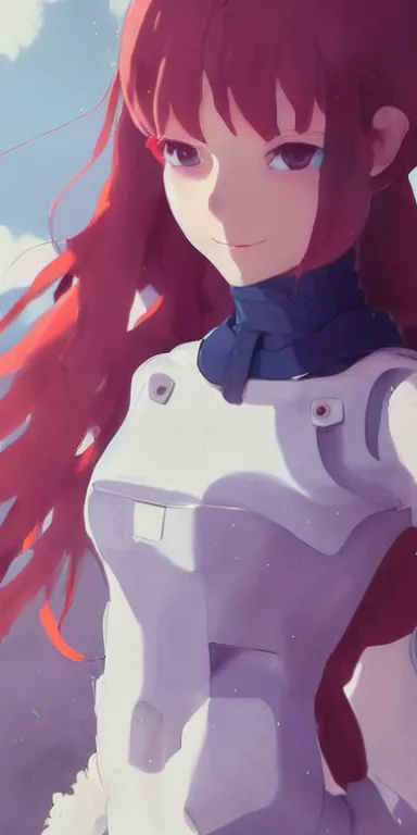 Image similar to concept art of young cute curvacious redhead cyborg woman softly smiling at camera wearing 🩳 and 👕 illustration illustration concept art anime key visual trending pixiv fanbox by wlop and greg rutkowski and makoto shinkai and studio ghibli and kyoto animation