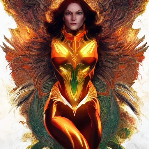 Prompt: full body portrait of jean grey, symmetry, hyperdetailed perfect face, green eyes, comic, phoenix rising, burning flames, intricate, detailed, volumetric lighting, scenery, digital painting, highly detailed, artstation, sharp focus, illustration, concept art, ruan jia, steve mccurry