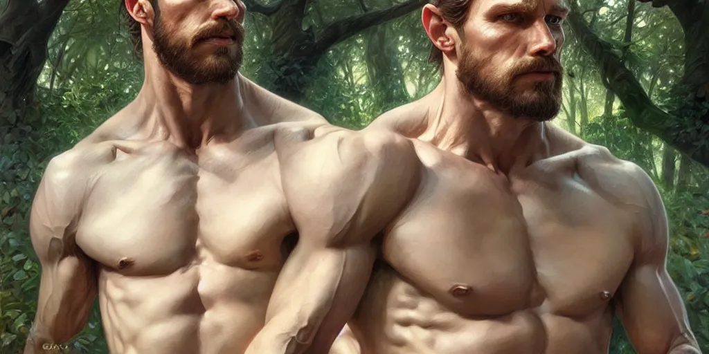 Image similar to caucasian man in park of forest gog, male, clear face, masculine, upper body, muscular, fantasy, intricate, elegant, highly detailed, digital painting, artstation, concept art, matte, sharp focus, illustration, art by artgerm and greg rutkowski and alphonse mucha