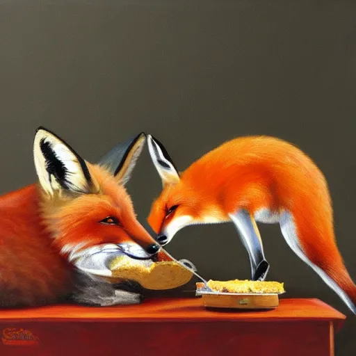 Prompt: an award winning painting of a fox eating cheese