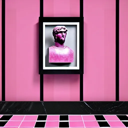 Image similar to a greco - roman marble bust sits on a pink and black checkerboard tile floor, a pink wall in the background with a framed photo of a cityscape at night