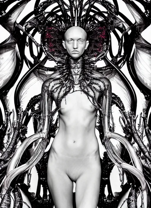 Image similar to walking down the catwalk, steven klein, show, stage, vogue photo, podium, fashion show photo, historical baroque dress, iris van herpen, beautiful woman, full body shot, masterpiece, alien, plant predator, guyver, jellyfish, white biomechanical details, highly detailed