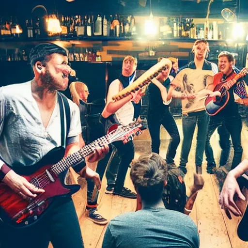 Image similar to nine people in a bar fighting with their guitars