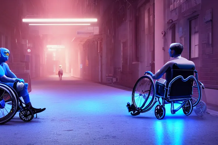 Image similar to ultra realistic details, hyper real, unreal engine 5, octane render, human on a wheelchair, blue neon two wheels, beautiful lighting, post processing