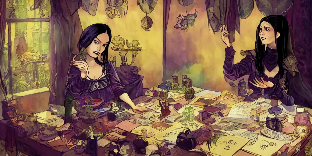 Prompt: a young black haired witch performing a tarot card fortune telling in her room full of elixirs, magical talismans and charms, illustration in the style of kaye waldberg and matthew lyrett and maria garcia garta, artstation, pixiv, smooth curves and sharp edges, gorgeous lighting,