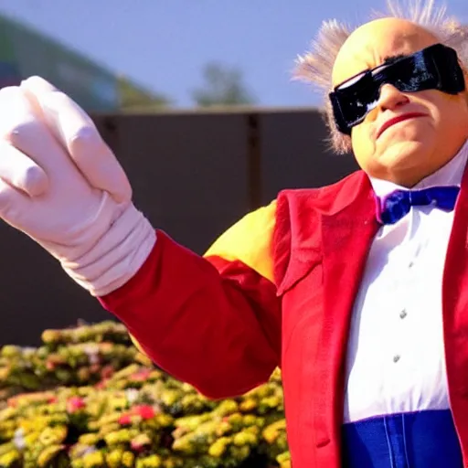 Prompt: Danny Devito playing Doctor Robotnik, in the new action-movie Sonic, full-cosplay