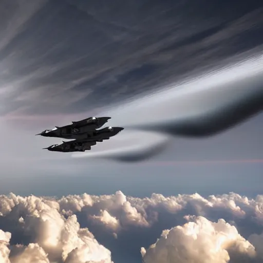 Image similar to cinematic areal shot electric field expanding turbulent fighter jets in the clouds