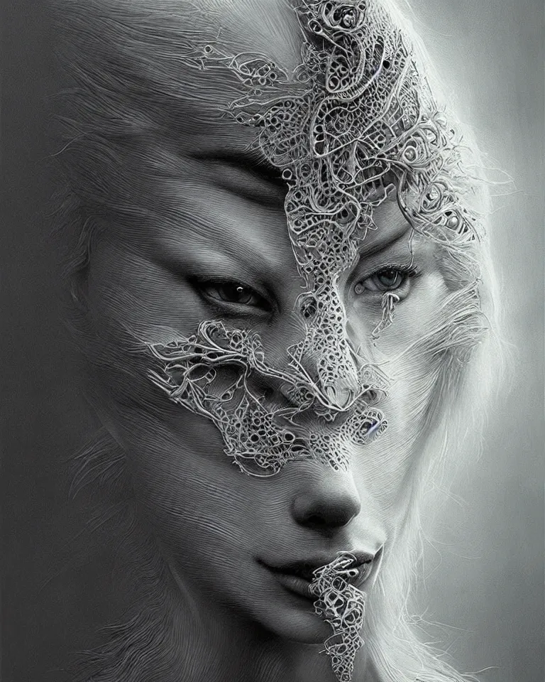 Prompt: ultra realist intricate detailed portrait of an attractive female turning into a white wolf, insanity, accurate features, apocalyptic, very intricate details, 8 k resolution, dim lighting, volumetric lighting, artstyle, zdzisław beksinski and keith thompson, award winning