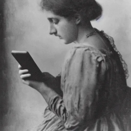 Prompt: Woman in 1910 using an iPhone, daguerreotype photo, HD