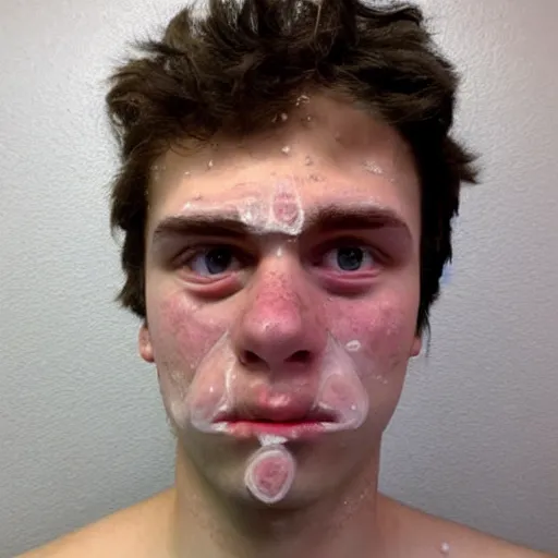 Prompt: a caucasian man with the most acne in the world. acne on face, acne on body, huge zits all over body, desperate, depression, dark mood, hate life, puss zits, pimples