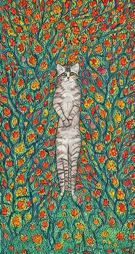 Prompt: psychedelic cat standing near trees by louis wain