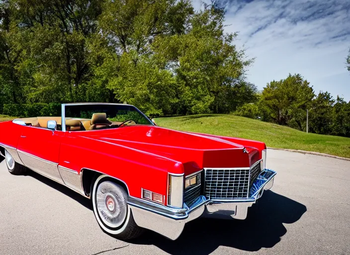 Prompt: epic front view of red 1975 cadillac eldorado convertible, sigma 10mm f4.5