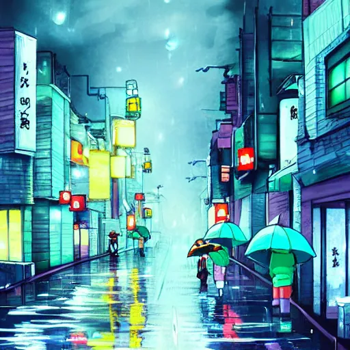 Image similar to a rainy city street in the style of japanese animation, trending on pixiv